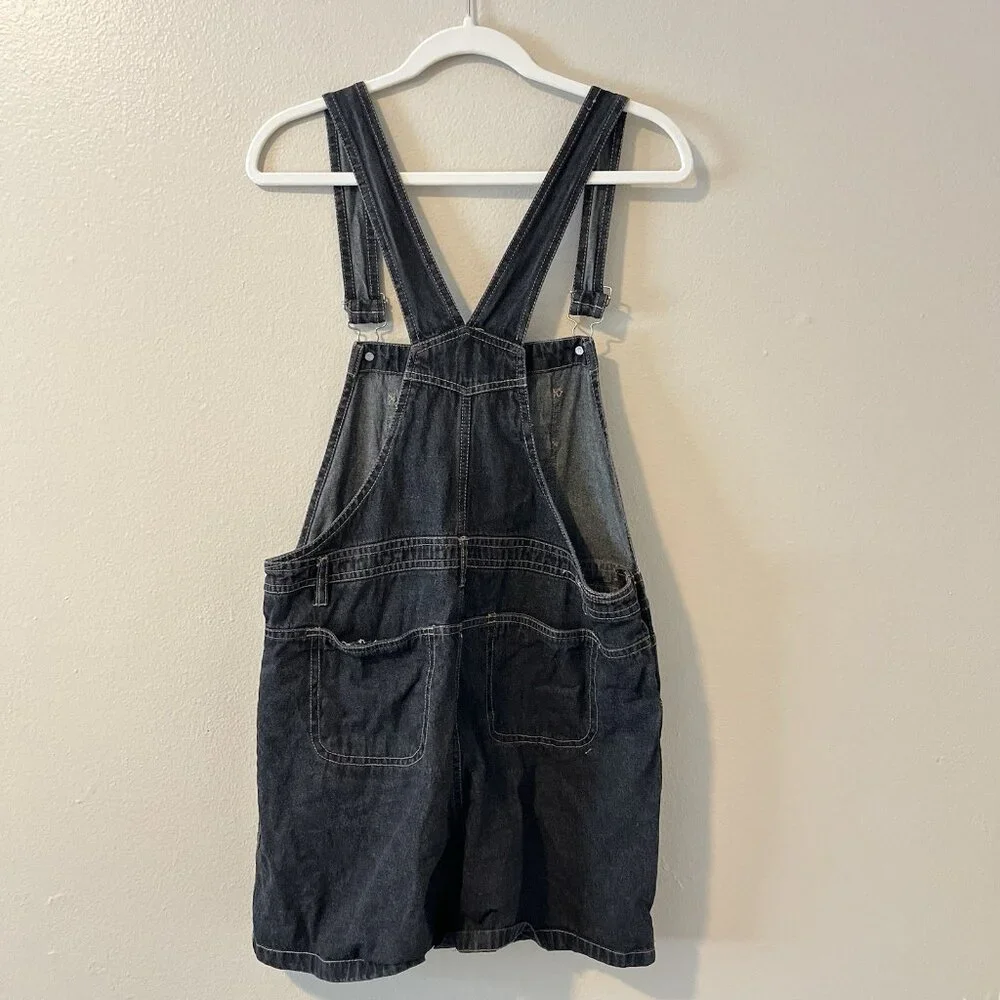 Vtg Denim Overall Shorts Black Grey Embroidered Y2K Kid Core Grunge‎ Goth 90s
